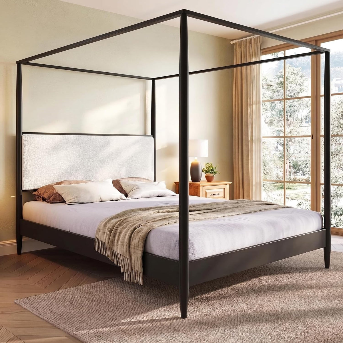Merax Black Queen Size Canopy Bed Frame with Boucle Headboard and 4 Poster