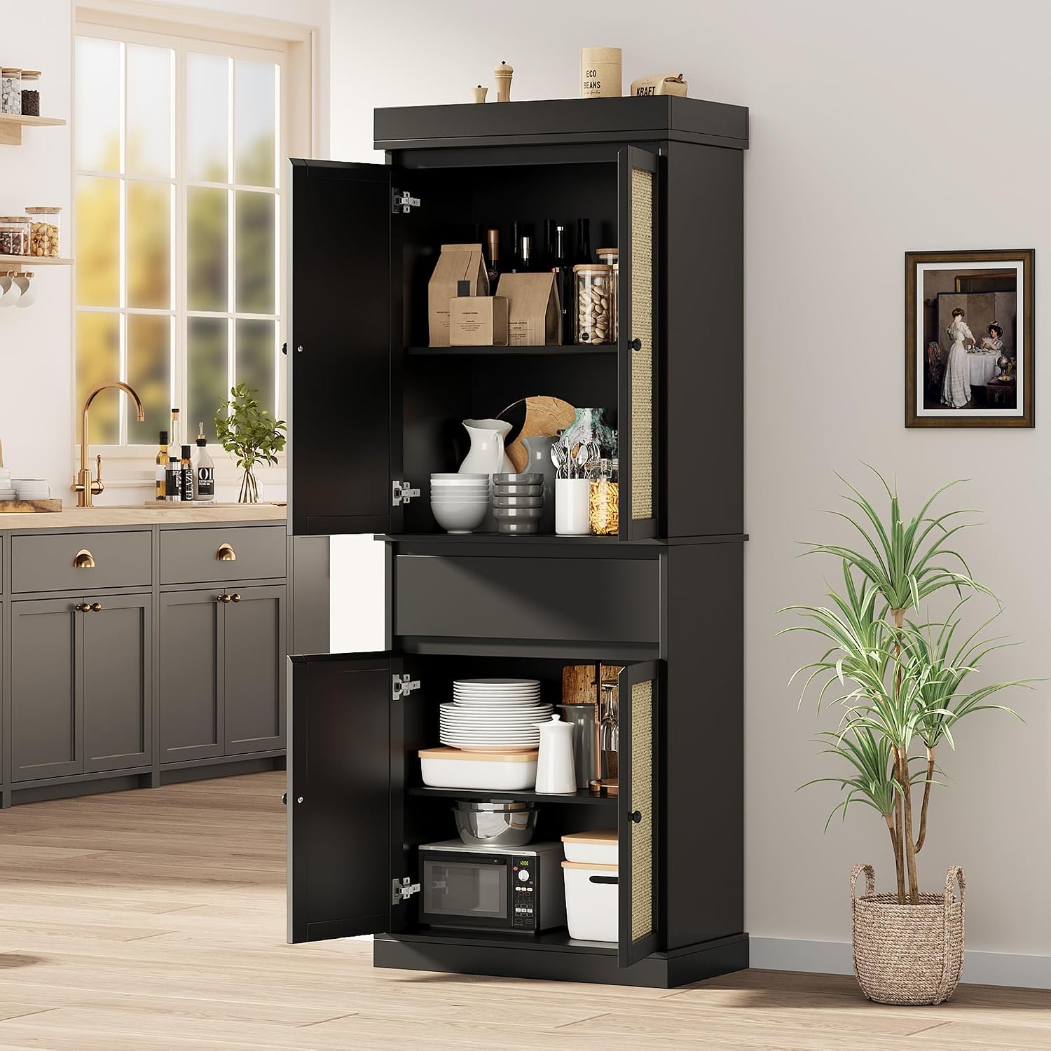 69'' Tall Pantry Cabinet - 4 Rattan Doors, Drawer, and 2 Adjustable Shelves - Freestanding Storage Cupboard for Entryway, Kitchen, Dining Room, Bathroom, or Office,Black
