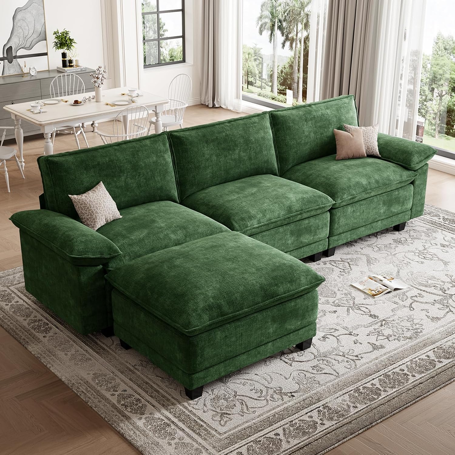 108" Modular Sectional Couch, L Shaped Cloud Sofa for Living Room | Comfortable Foam Cushions, Sturdy Frame, Appealing Appearance, Easy Assembly, Soft Chenille, Modular Design, Green