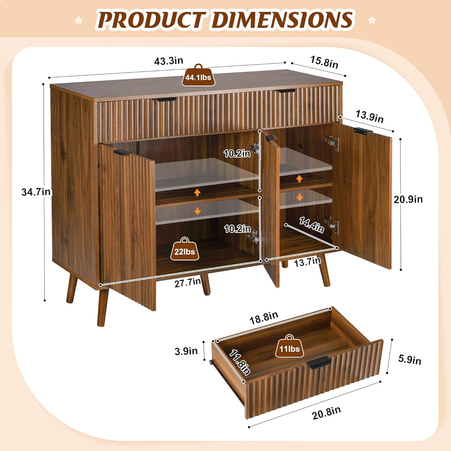 LYNCOHOME Fluted Sideboard Buffet Cabinet with Storage,2 Drawers and 3 Doors,Wood Coffee Bar Cabinet with Solid Wood Feet for Kitchen,Hallway