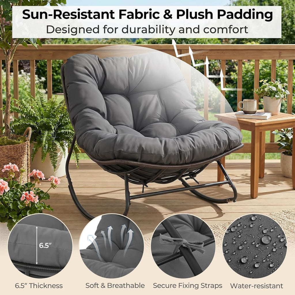 Tangkula Outdoor Papasan Rocking Chair, Oversized Egg-Shaped Rocker with Thick Cushioned Seat, Heavy Duty Metal & Weather-Resistant Wicker Frame, Non-Slip Pads for Patio, Balcony, Garden (Gray)