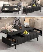 WILLIAMSPACE 43.3" Rectangular Lift-Top Coffee Table with 2 Drawers, Modern Center Table with Foldable Top, Multi-Functional Adjustable Dining Table with Storage Compartment for Living Room, Black