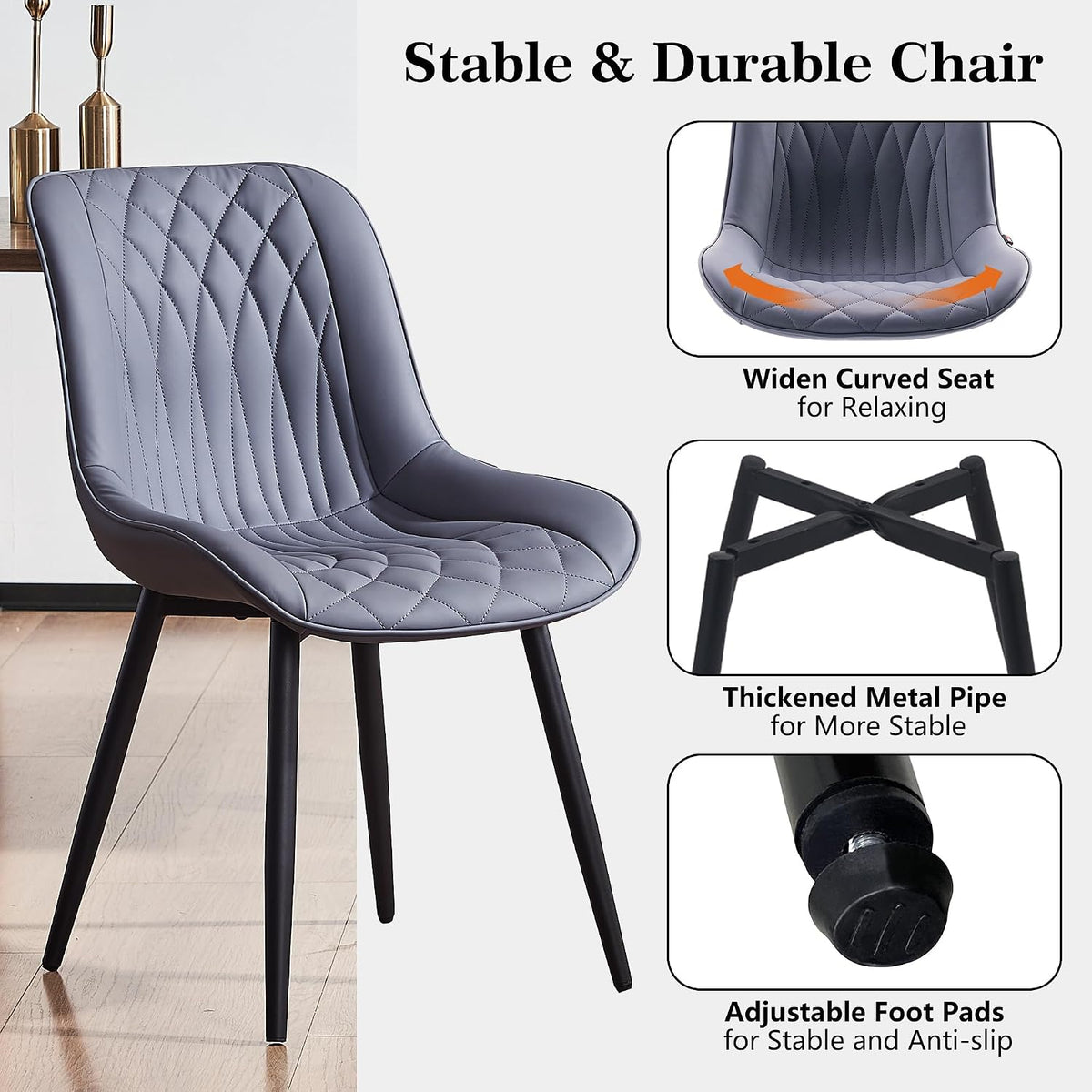 Rowill Dining Chairs Set of 2 Modern Faux Leather Kitchen Chairs with Thickened Metal Frame, Scratch-Resistant Upholstery,Widened Seat & Anti-Slip Pads, Cushioned Backrest for Kitchen,Dusty Blue