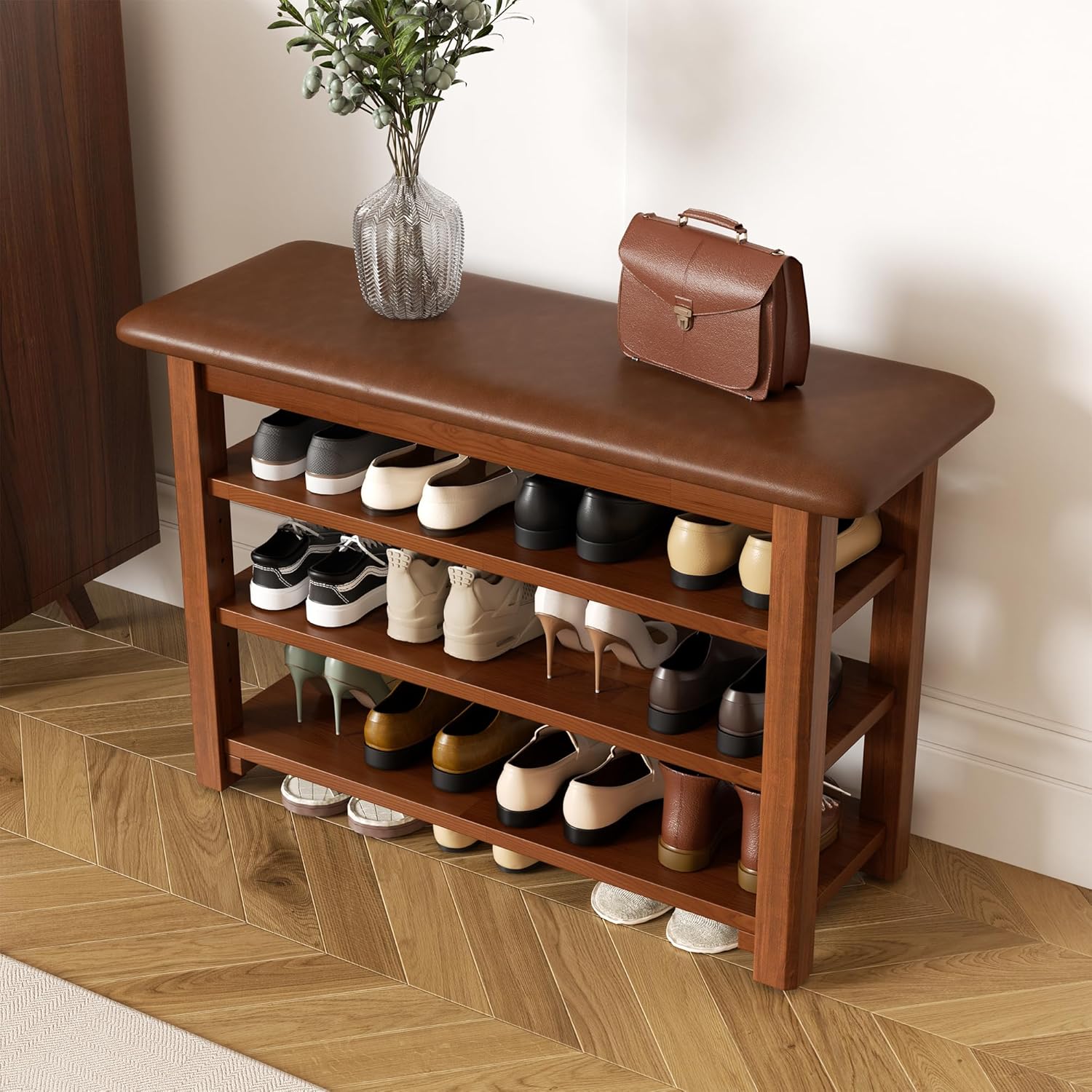 Shoe Rack Bench with Leather Cushion 3-Tier Shoe Rack Organizer for Entryway Hallway or Living Room Farmhouse Rustic Wooden Seat Bench Walnut 11.8" Dx31.5 Wx20.4 H