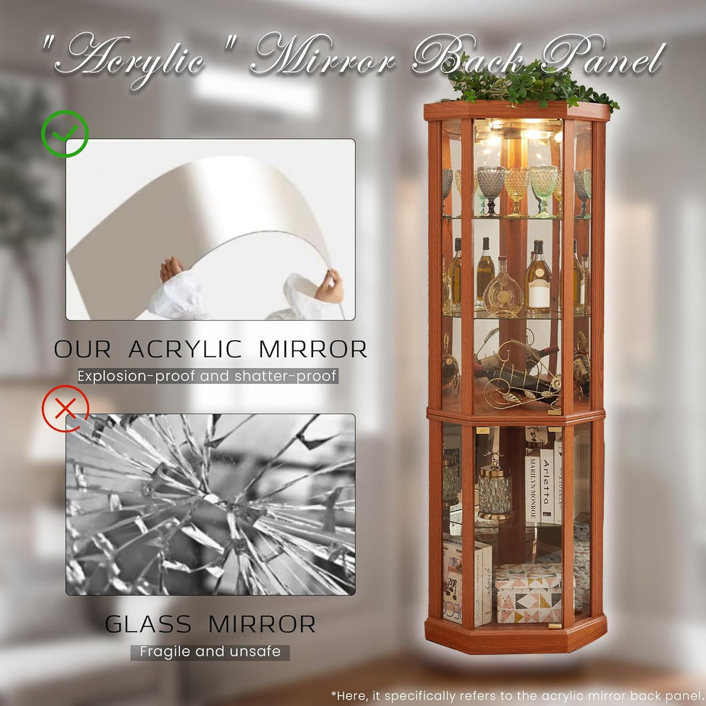 70" H Lighted Corner Curio Cabinet, Glass Display Cage with Tempered Glass Doors and 5 Adjustable Shelves, Wine Cabinet Storage Rack for Bar and Liquor Storage (Dark Oak)