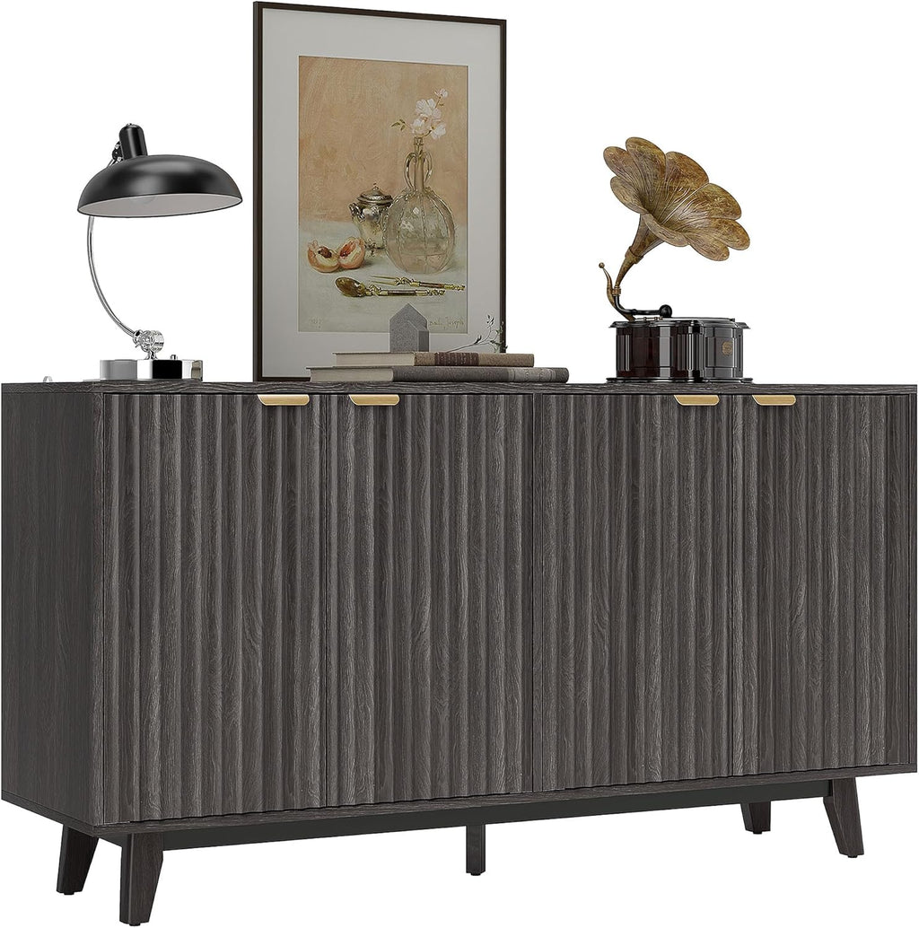 HOMCOM Sideboard Buffet Cabinet with Storage, 55" Fluted Modern Buffet Table Coffee Bar Console Cabinet with 2 Adjustable Shelves, 4 Doors for Dining Room, Living Room, Hallway, Dark Gray