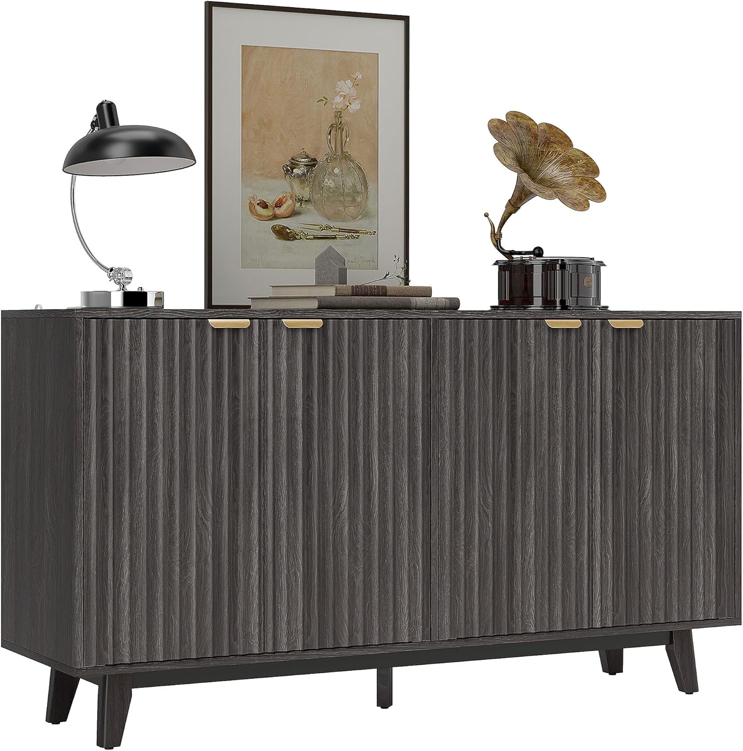 HOMCOM Sideboard Buffet Cabinet with Storage, 55" Fluted Modern Buffet Table Coffee Bar Console Cabinet with 2 Adjustable Shelves, 4 Doors for Dining Room, Living Room, Hallway, Dark Gray