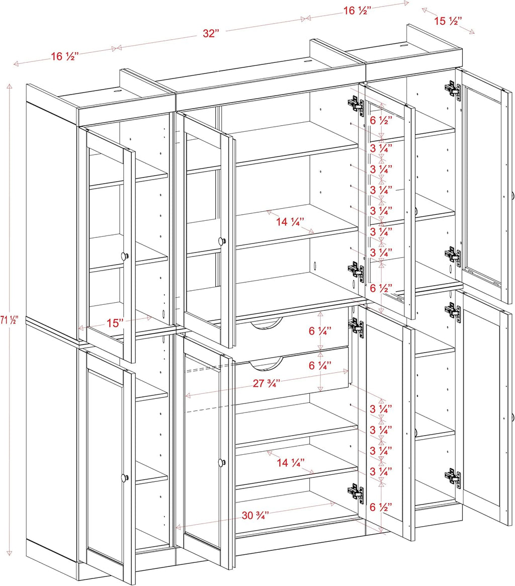 Palace Imports 100% Solid Wood Kitchen China Pantry Cabinet, 65" W - 4 Clear Glass & 4 Shaker Doors, Renewable Eco-Friendly Wood, Made in Brazil (Mocha, 8 China/Shaker Doors | 2 Drawers)