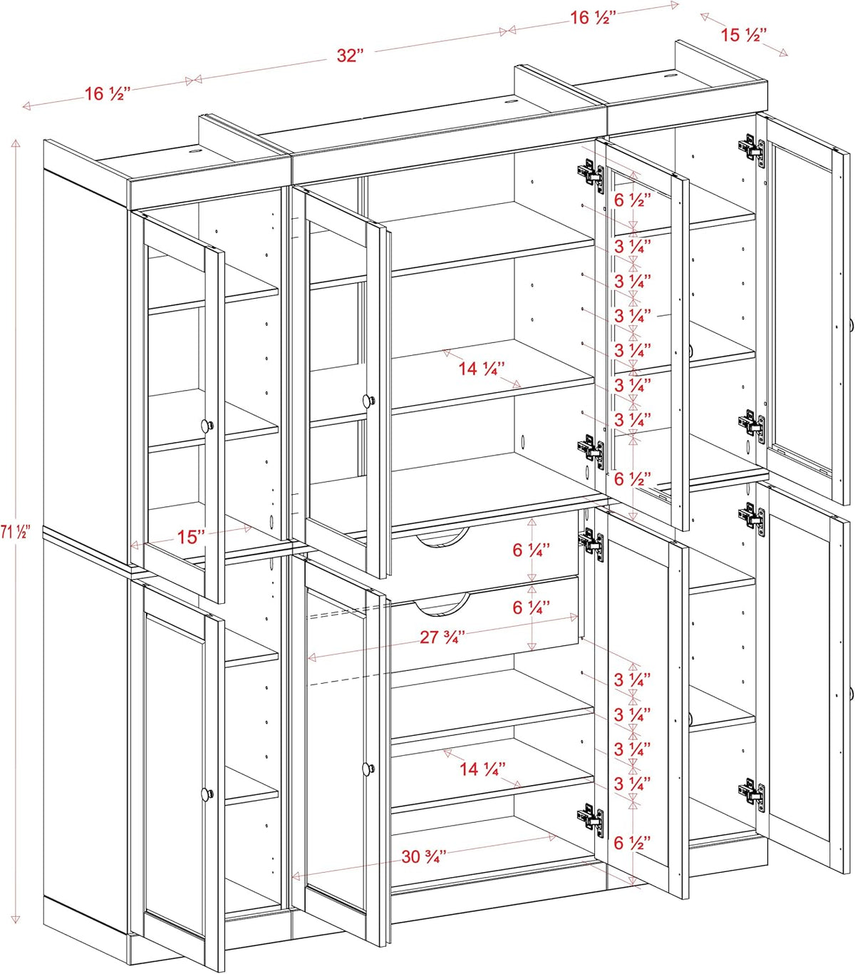 Palace Imports 100% Solid Wood Kitchen China Pantry Cabinet, 65" W - 4 Clear Glass & 4 Shaker Doors, Renewable Eco-Friendly Wood, Made in Brazil (Mocha, 8 China/Shaker Doors | 2 Drawers)