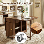 Small Drop Leaf Table - Folding Dining Table Set for 6 with 6 Foldable Chairs Inside, Fully Assembled Solid Wood Space-Saving Kitchen Table and Chairs Set with Storage & Lockable Wheels, Walnut, 59"