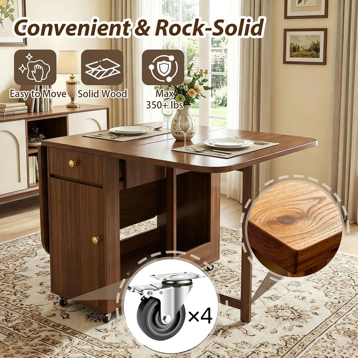 Small Drop Leaf Table - Folding Dining Table Set for 6 with 6 Foldable Chairs Inside, Fully Assembled Solid Wood Space-Saving Kitchen Table and Chairs Set with Storage & Lockable Wheels, Walnut, 59"