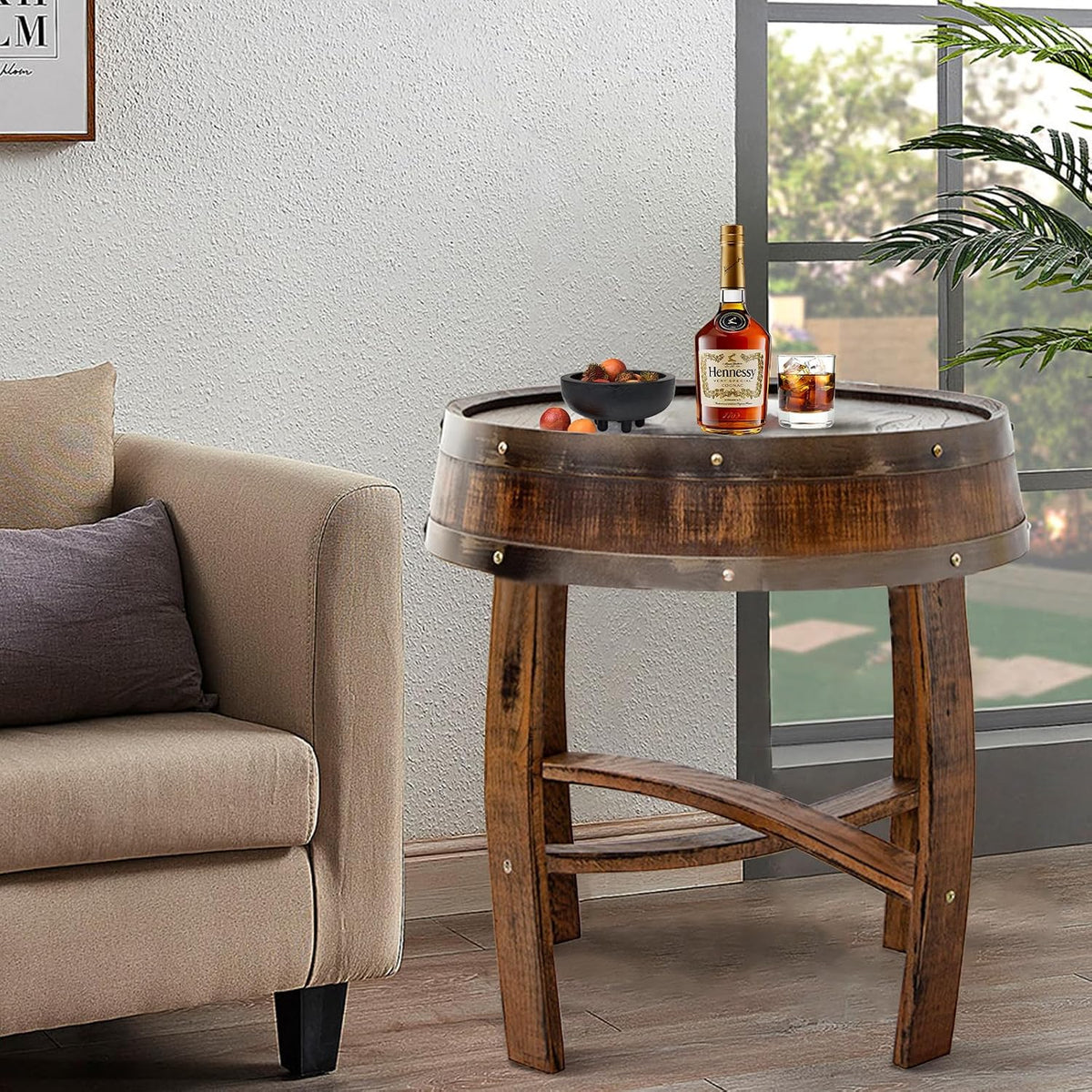 Farmhouse Coffee Table, Round Rustic End Table - Solid Wood Living Room Side Table,Handcrafted Whiskey Barrel Accent Table