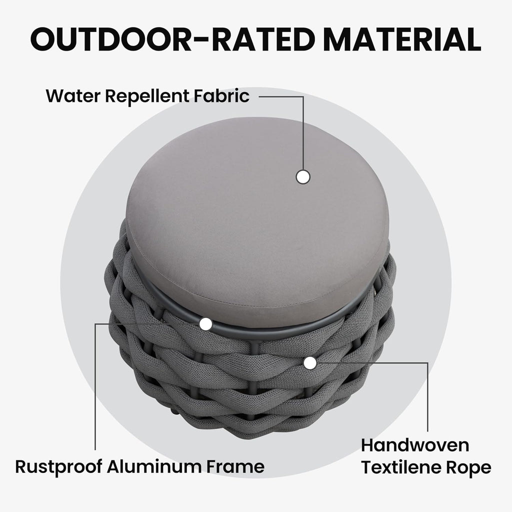 Round Patio Ottoman: Woven Textilene Rope Footstool with φ15.8'' Cushion, Aluminum Frame Footrest, All-Weather Foot Rest for Balcony Garden Deck Outdoor, No Assembly, Dark Gray
