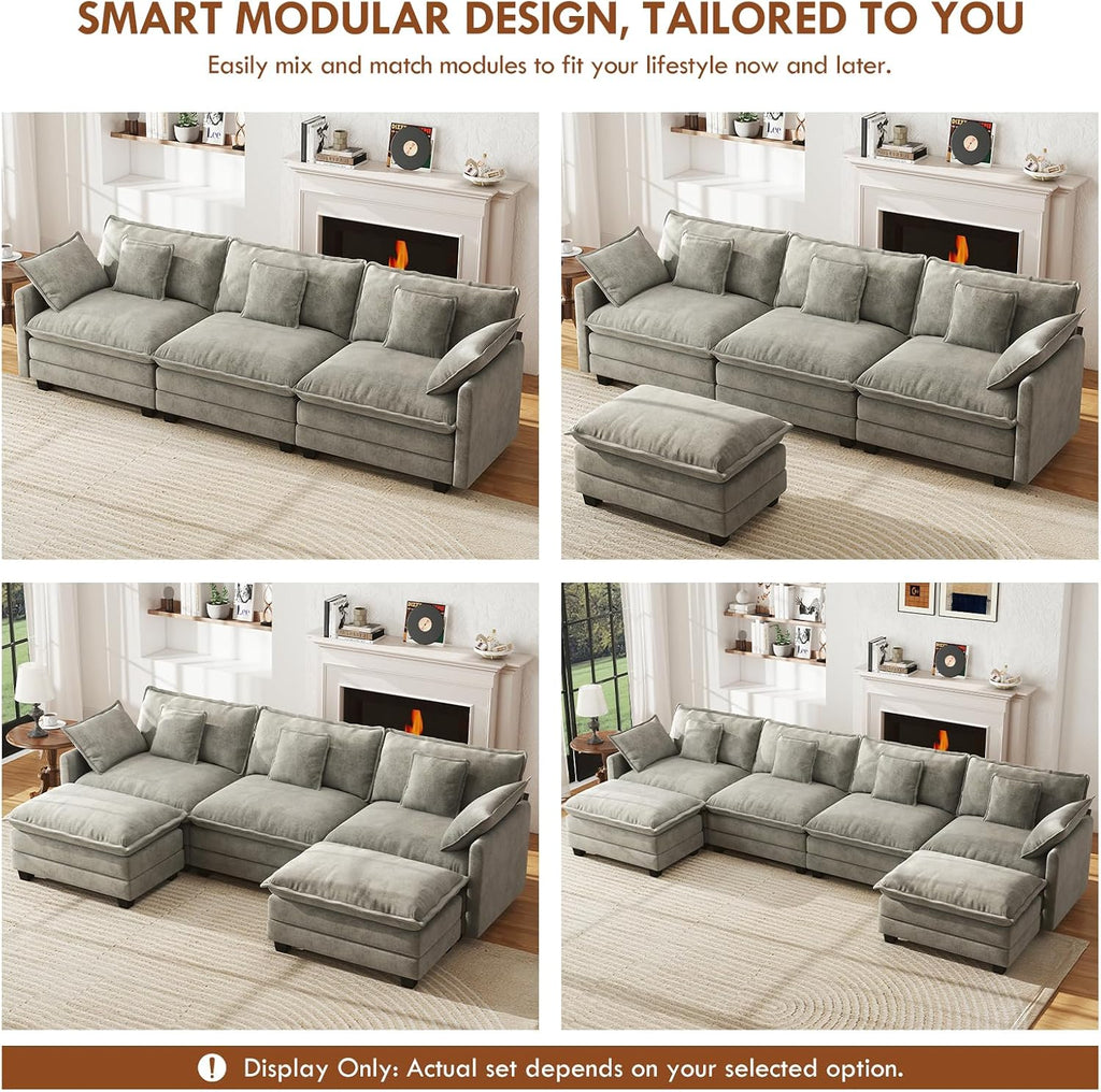 WorthFurni 111.4" Modular Sectional Sofa, U Shape Cloud Couch with 2 Movable Ottoman, Comfy Chenille Deep Seat Sofa with Soft Pillows for Living Room Bedroom Apartment (Grey)