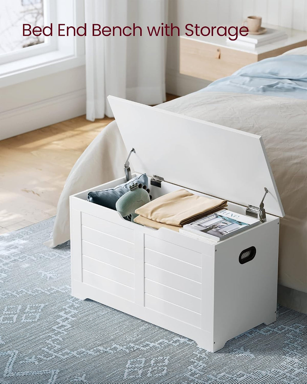 VASAGLE Storage Chest, 31.5 Inches Width Bench with 2 Safety Hinges | Farmhouse Style, for Entryway, Bedroom, Living Room, Cloud White, SOFIE Collection ULSB063T14