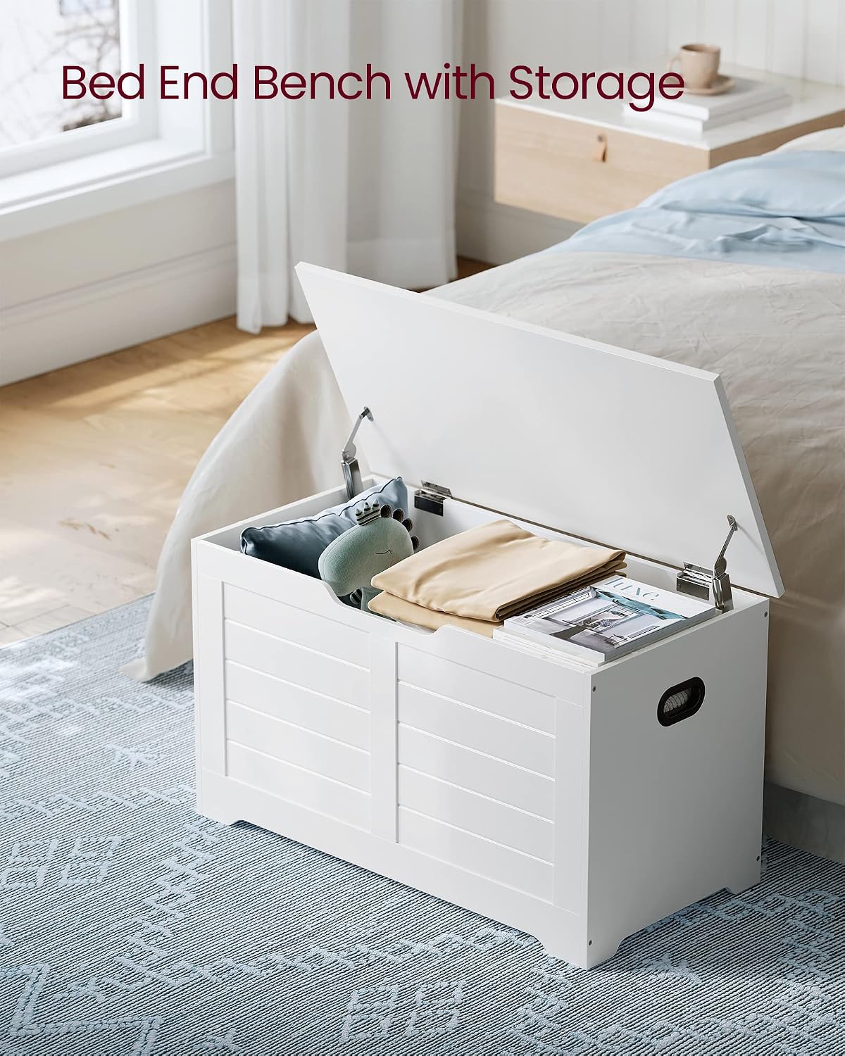 VASAGLE Storage Chest, 31.5 Inches Width Bench with 2 Safety Hinges | Farmhouse Style, for Entryway, Bedroom, Living Room, Cloud White, SOFIE Collection ULSB063T14