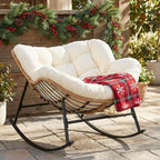 NICESOUL Papasan Rocking Chair with Cushion Indoor Outdoor, Oversized Padded Egg Rocking Chair, All-Weather Wicker Rattan Lounge Rocker, 450 lbs Capacity Glider for Living Room Balcony Porch, Beige