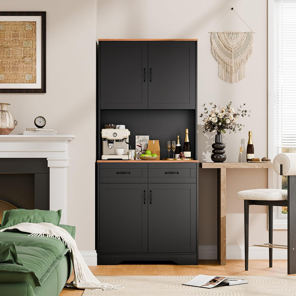 Cozy Castle Pantry Cabinet, Farmhouse Kitchen Hutch Cabinet with Storage Drawers Freestanding Coffee Bar Liquor Sideboard Large Countertop Cupboard for Dining Room, Living Room, 71'' Tall Black