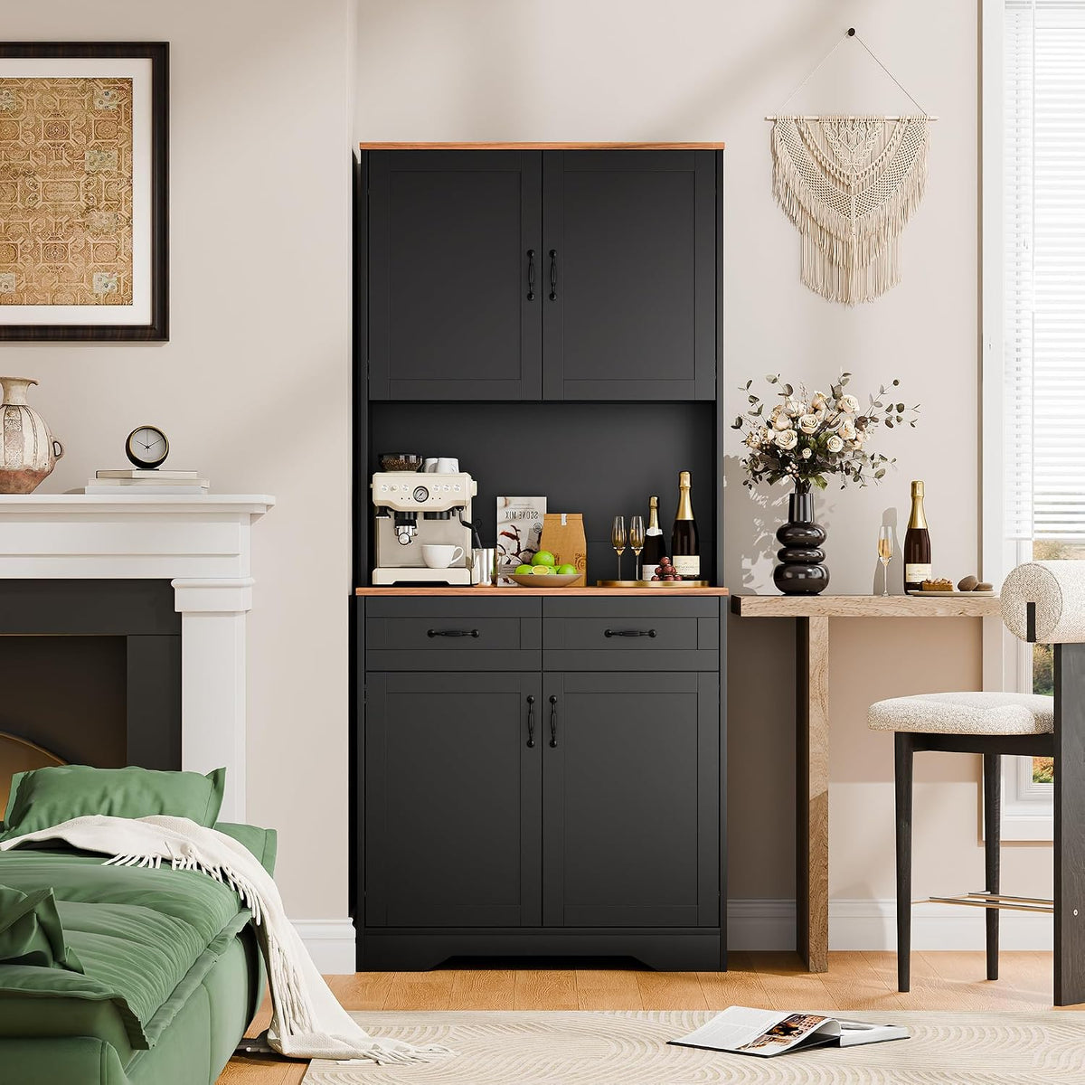 Cozy Castle Pantry Cabinet, Farmhouse Kitchen Hutch Cabinet with Storage Drawers Freestanding Coffee Bar Liquor Sideboard Large Countertop Cupboard for Dining Room, Living Room, 71'' Tall Black