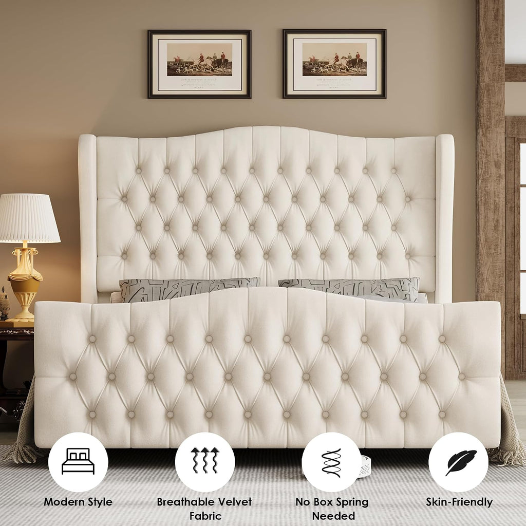 Keyluv Full Size 54.3" Tall Bed Frame with Wingback Headboard & Footboard