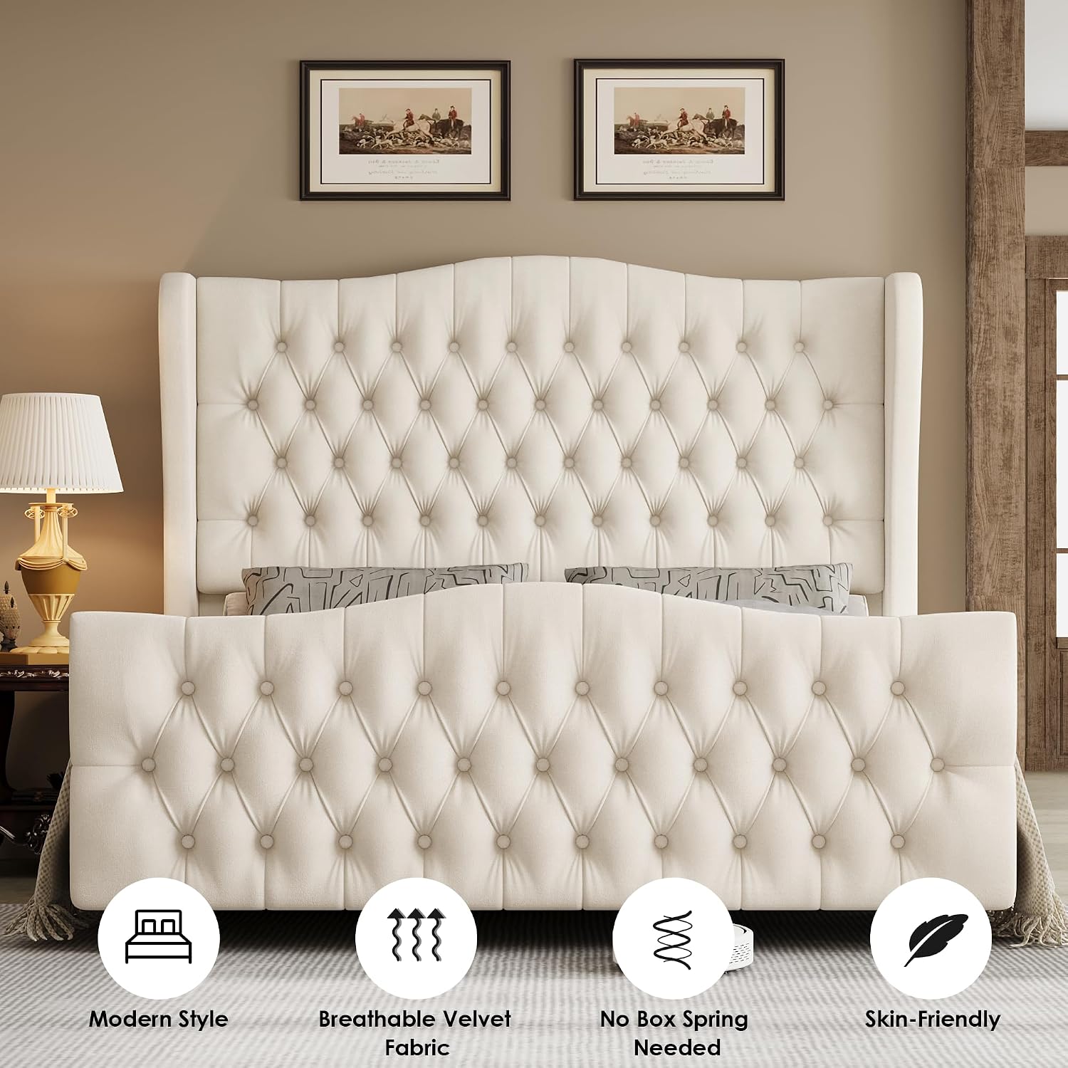 Keyluv King Size 54.3" Tall Bed Frame with Wingback Headboard & Footboard