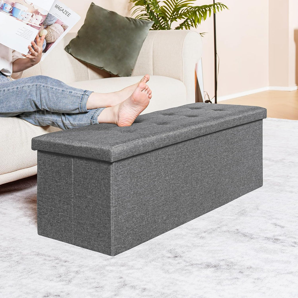 PINPLUS Folding Storage Ottoman Bench, Grey Linen | Linen Storage Chest with Padded Seat, Blanket Organizer, Footrest Stool and End of Bed Bench for Bedroom or Living Room