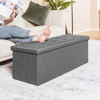 PINPLUS Folding Storage Ottoman Bench, Grey Linen | Linen Storage Chest with Padded Seat, Blanket Organizer, Footrest Stool and End of Bed Bench for Bedroom or Living Room