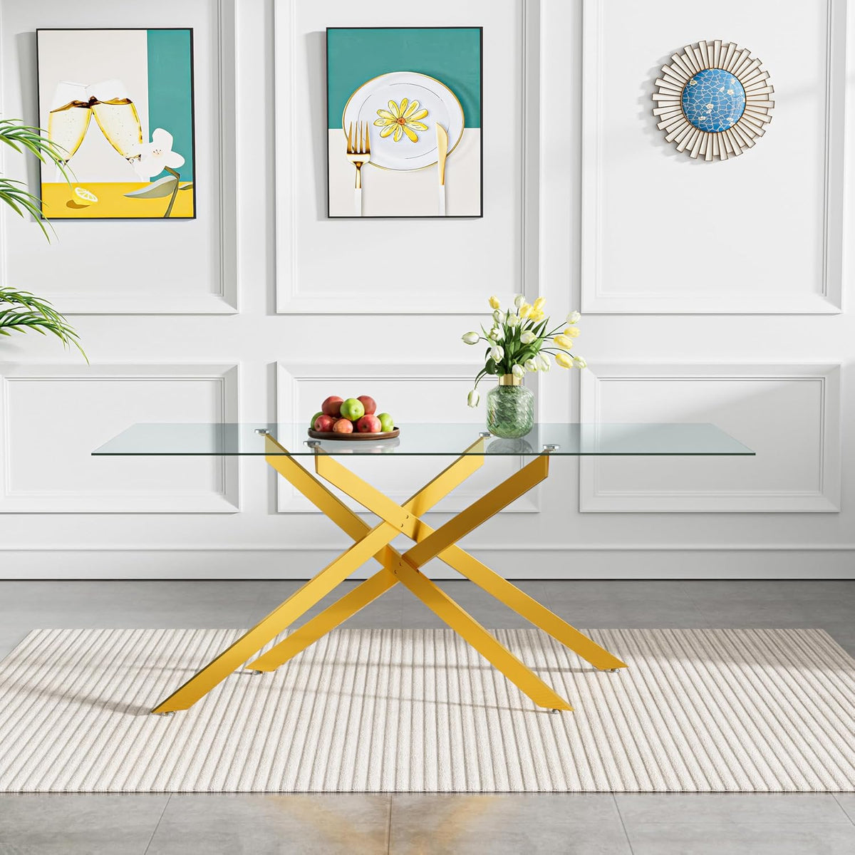 SSLine 61" Glass Dining Table Set for 6,Modern 7 Pieces Kitchen Table and Chairs Set w/Gold Tempered Glass Tabletop and 6 Velvet Chairs for Kitchen Apartment
