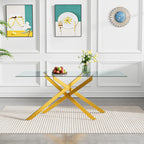 61" Glass Dining Table for 6, Modern Kitchen Dining Room Table with Rectangular Tempered Glass Top and X Metal Legs, Large Gold Glass Dinner Table for Kitchen
