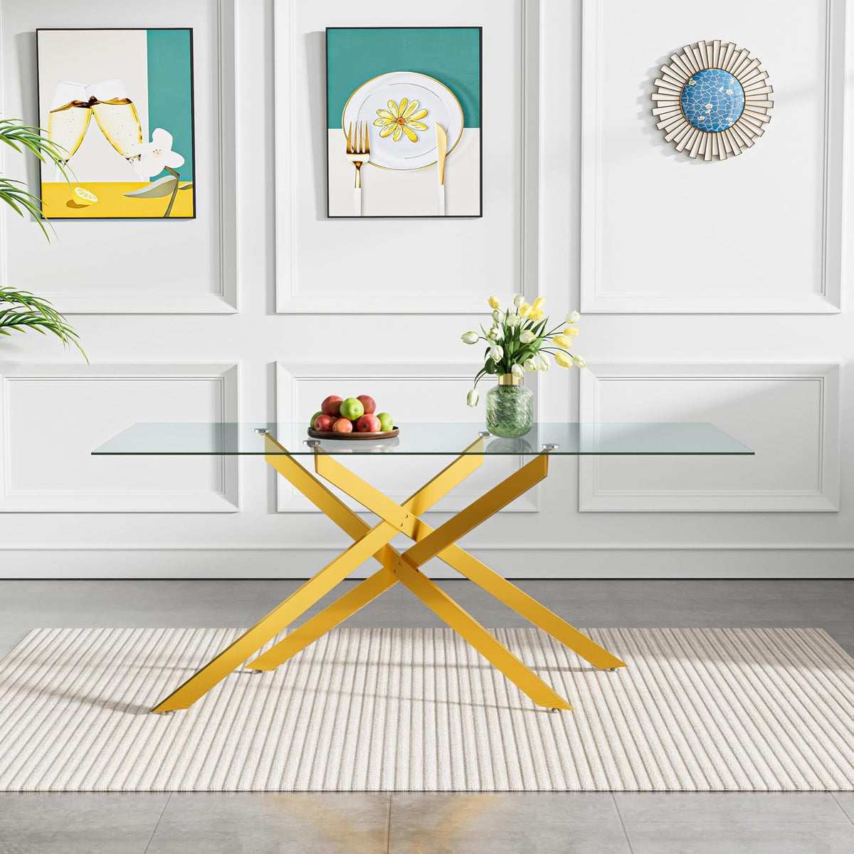 61" Glass Dining Table for 6, Modern Kitchen Dining Room Table with Rectangular Tempered Glass Top and X Metal Legs, Large Gold Glass Dinner Table for Kitchen