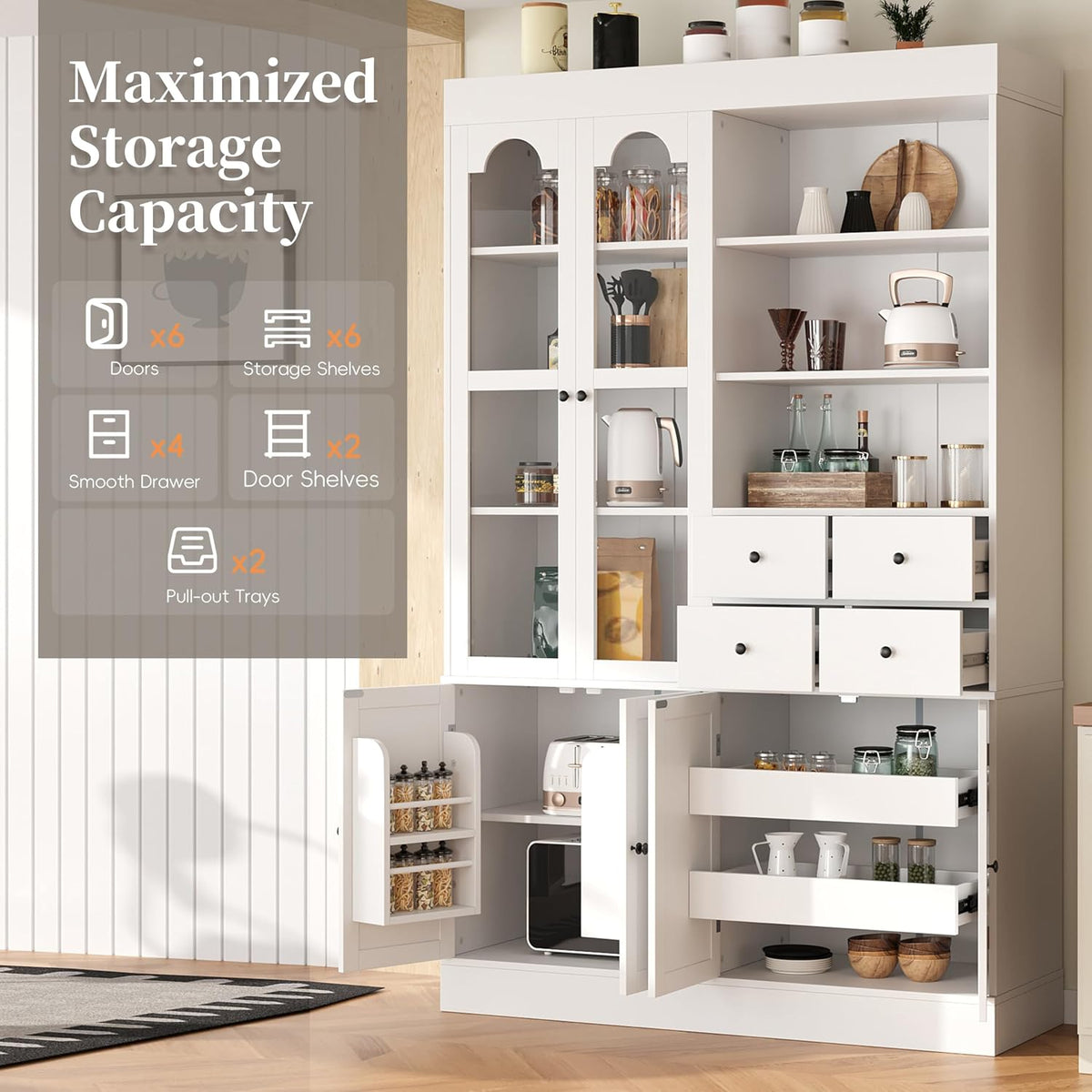 47" Tall Storage Cabinet Pantry Cabinet:with Pull-Out Trays for Kitchen | 47"Tall Storage Cabinet:With Doors and Shelves,Kitchen Pantry Cabinet With Hutch,4 Drawers,Pantry Storage With Pull-out Trays