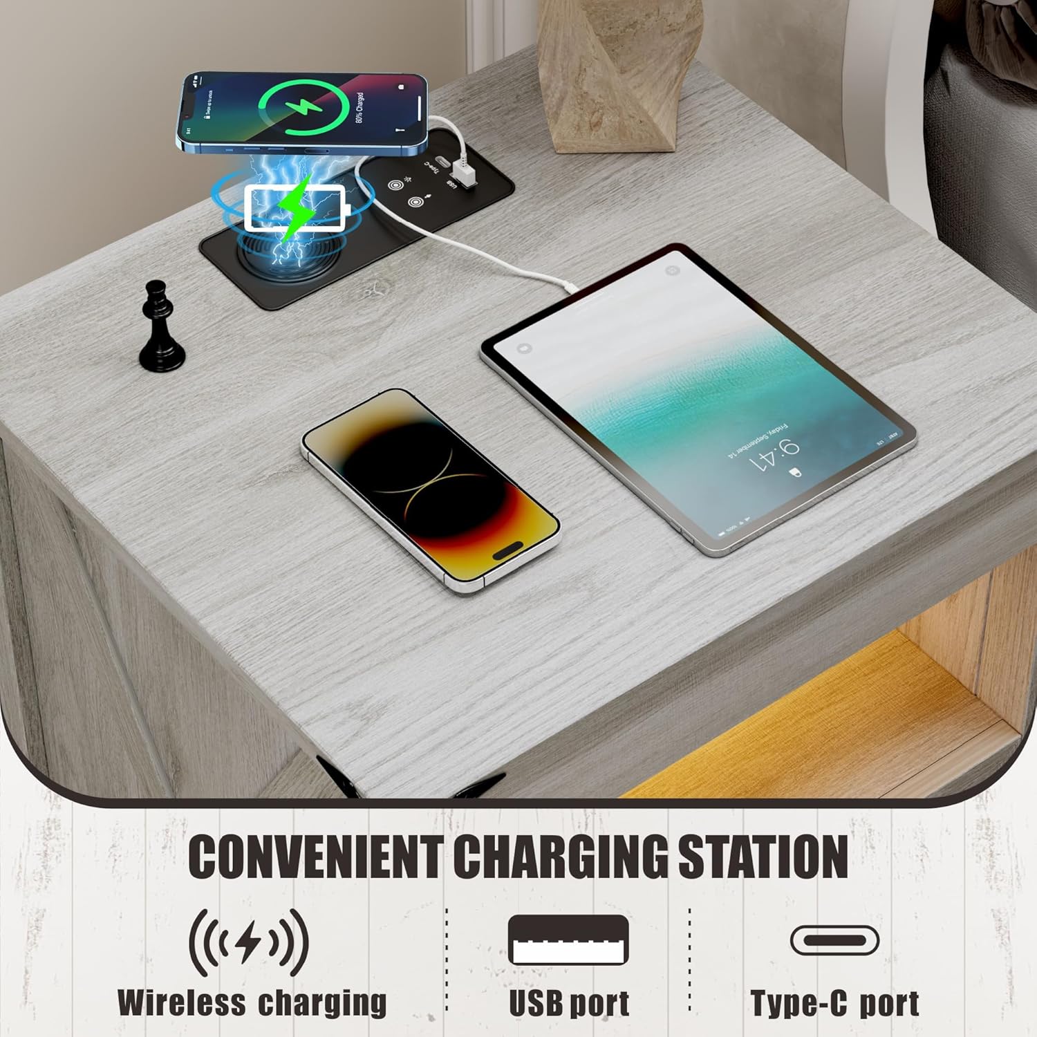 Night Stand with Gun Drawer, Bedside Table with Charger Station & LED Human Sensor Light, Gun Nightstand End Tables Bedroom Living Room, Rustic Grey