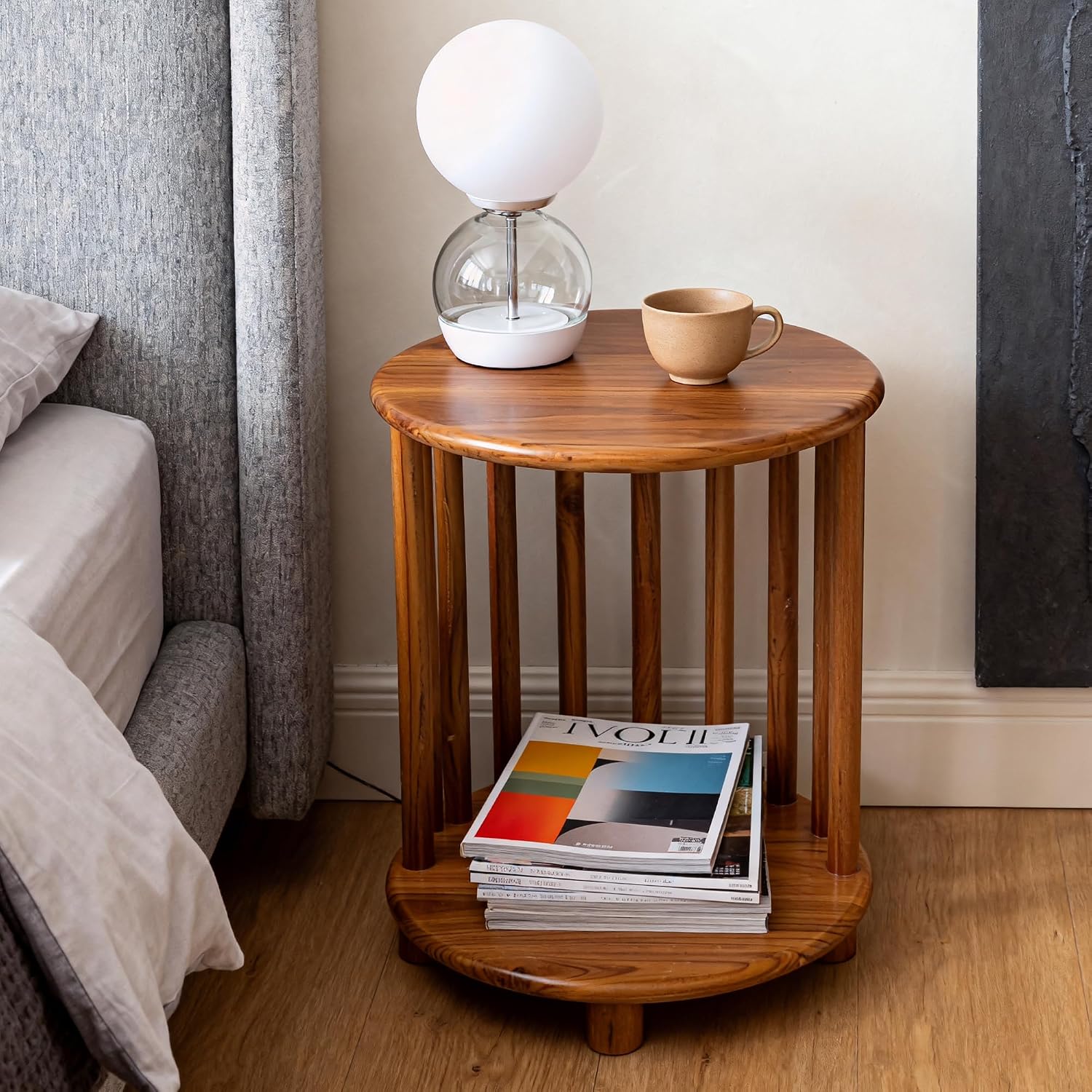 Round Teak End Table with Storage, Nightstand Sofa Side Table for Living Room Indoor/Outdoor Use, Accent Coffee Table for Patio Balcony Wooden Furniture, 15"x15"x19"