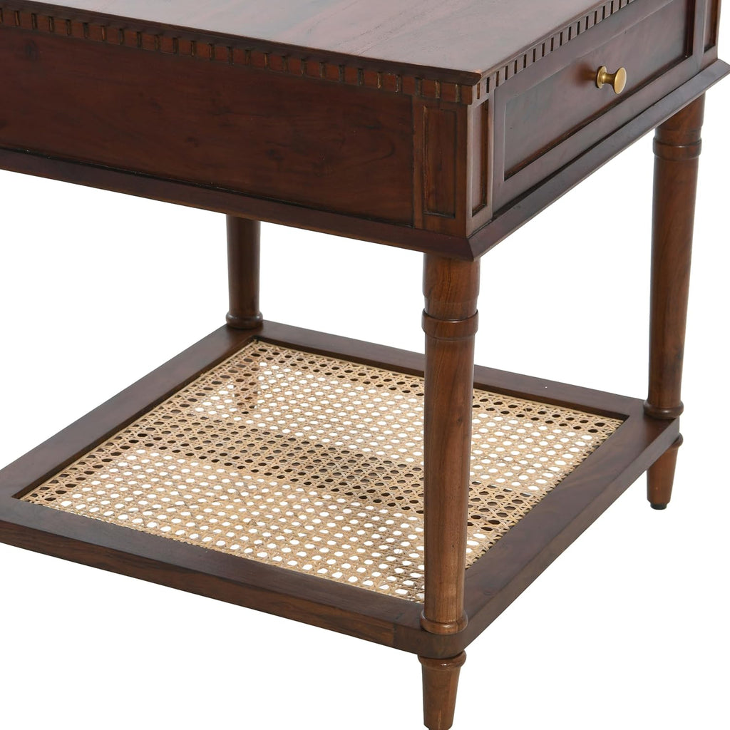 Creative Co-Op Maxwelton Solid Wood End Table with Drawer and Woven Cane Storage Shelf, Dark Chestnut and Natural