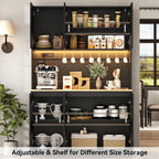 Gyfimoie 71" Kitchen Pantry with Power Outlet & LED Light, Large Kitchen Hutch Cabinet with Adjustable Shelf, Modern Buffet Cabinet with 6 Doors, Food Pantry Storage for Dining Room (Black-6 Doors)