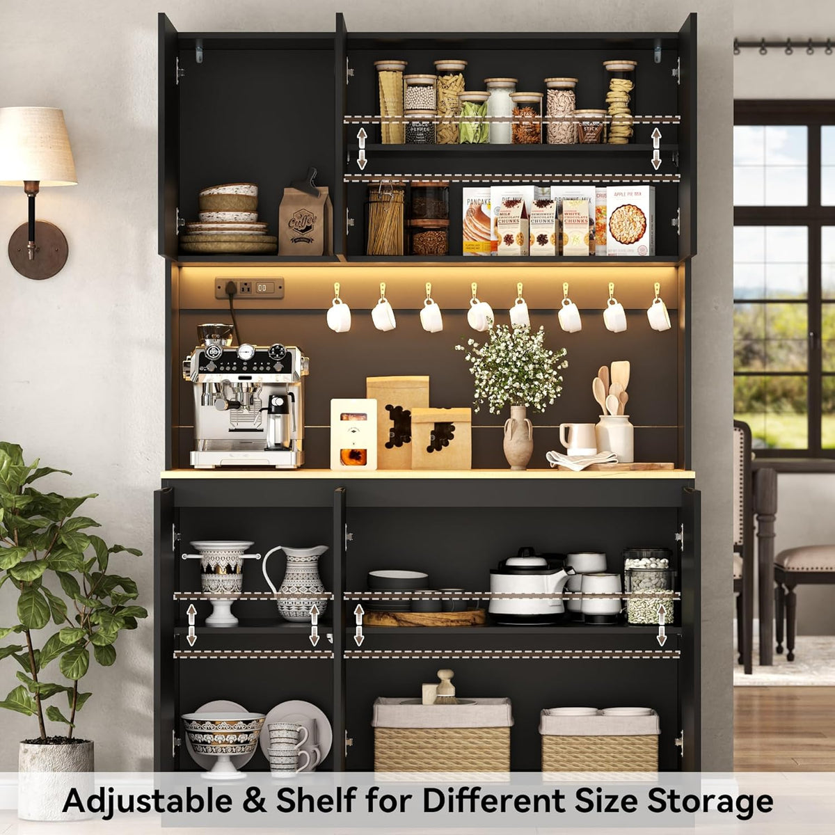 Gyfimoie 71" Kitchen Pantry with Power Outlet & LED Light, Large Kitchen Hutch Cabinet with Adjustable Shelf, Modern Buffet Cabinet with 6 Doors, Food Pantry Storage for Dining Room (Black-6 Doors)