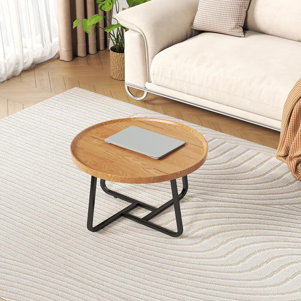 Round Nesting Coffee Table Set of 2, Tea Table for Small Spaces, Circle Wood Center Table with Fluted, Mid Century Modern Coffee Tables for Sofa Living Room Bedroom Office Balcony Yard