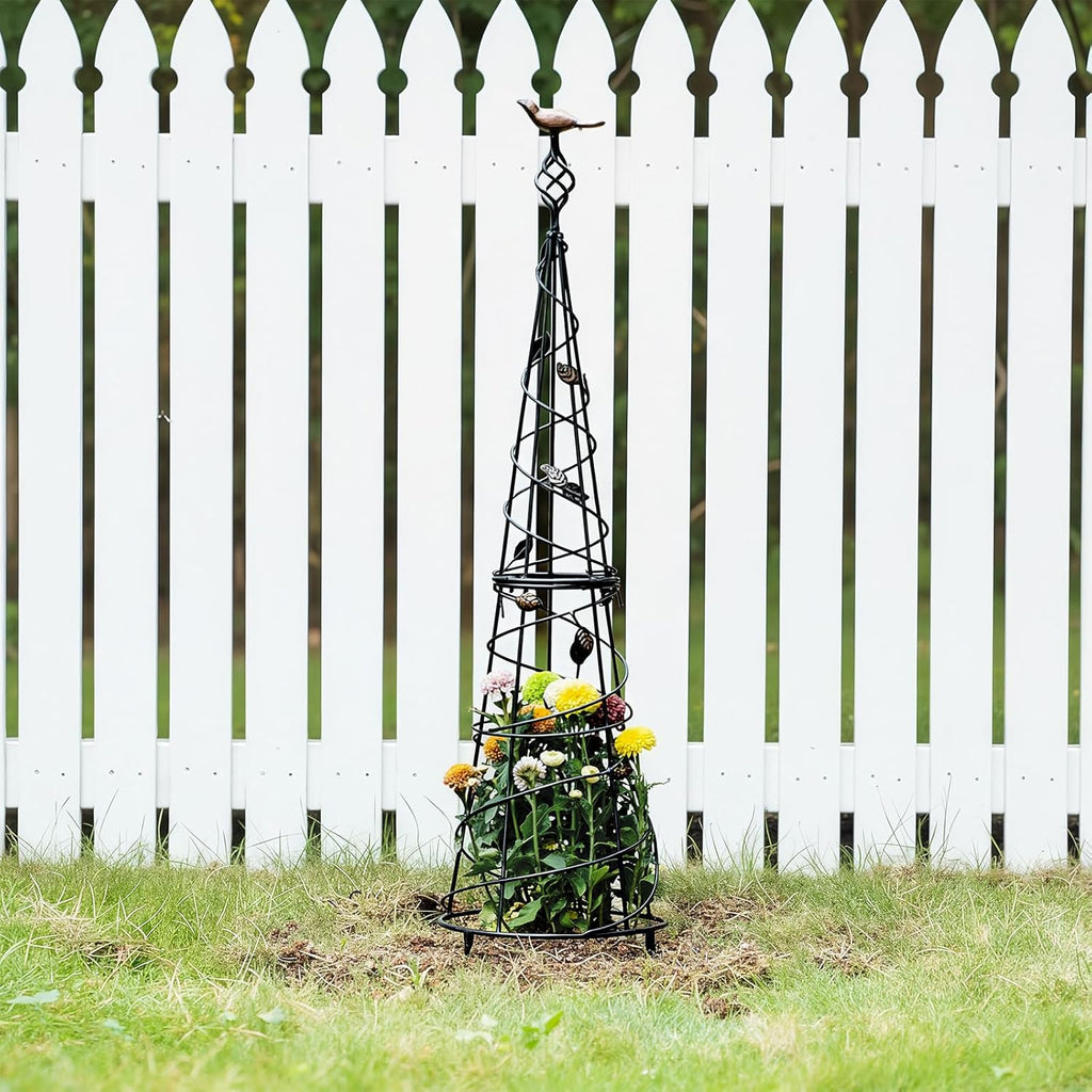 Garden Obelisk 40.5 Inch Metal Trellis for Climbing Plants - Sturdy Support for Rose Bushes & Tall Vines, Featuring Decorative Bird and Leaf Elements, Perfect for Garden Decor