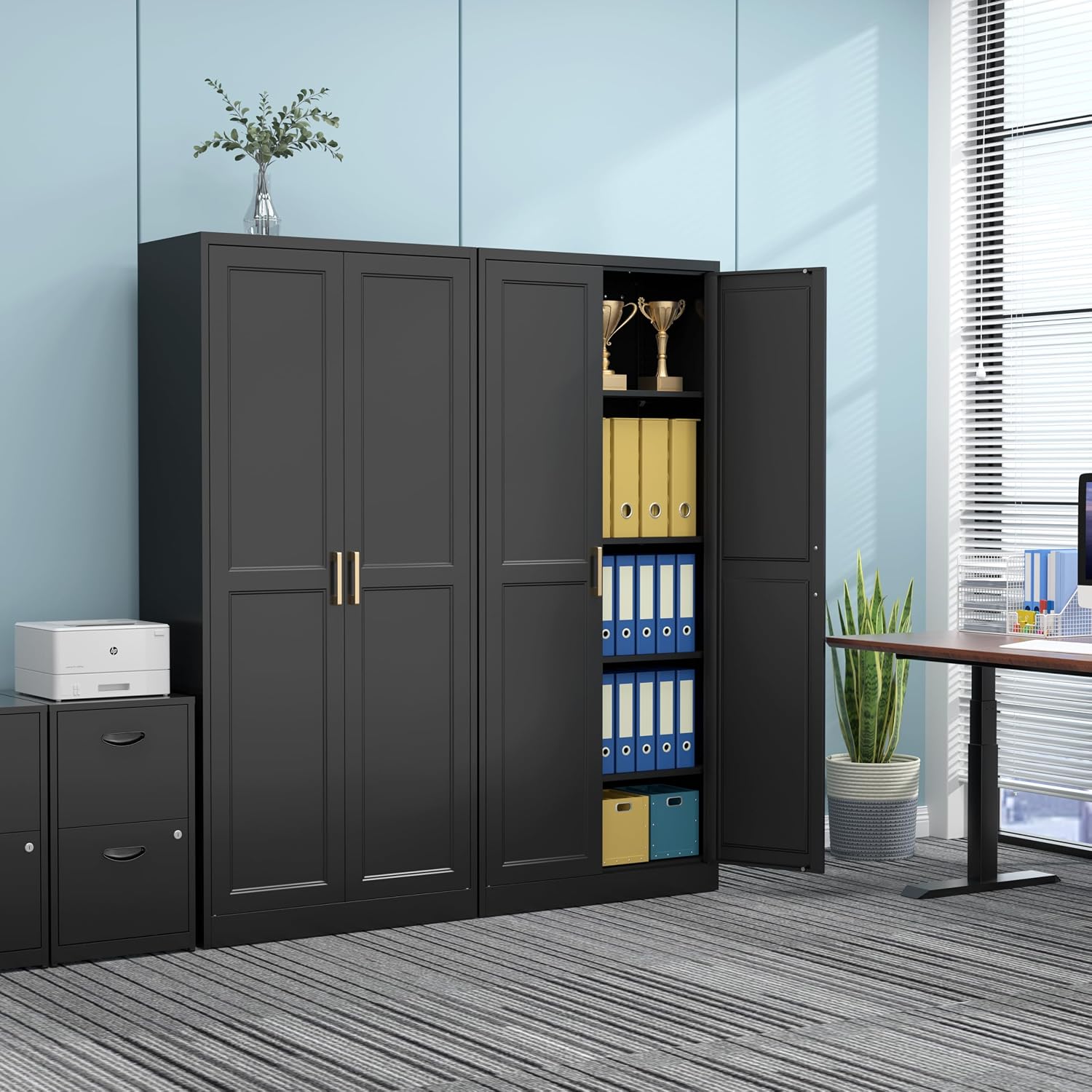 71" Tall Metal Pantry Cabinet, Black Kitchen Pantry Storage Cabinet with 4 Adjustable Shelves and Gold Handles, Cupboard for Kitchen, Dining Room, Living Room, Bathroom