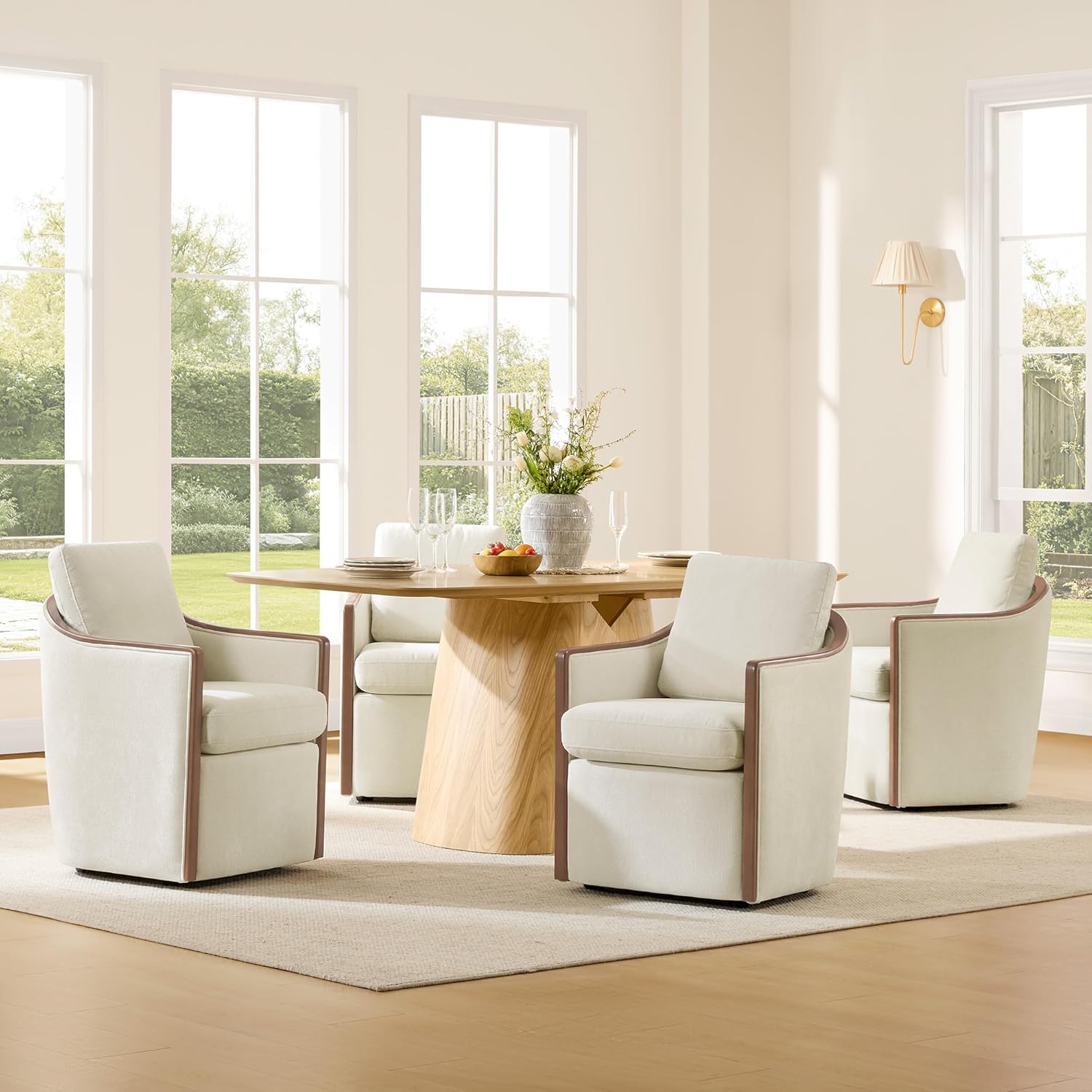CHITA Upholstered Dining Chairs Set of 4 with Hidden Casters, Modern Dining Chair with Backrest & Wood Armrest, Chenille Barrel Chairs for Dining Room, Kitchen Chairs Fully Assembled, Cream