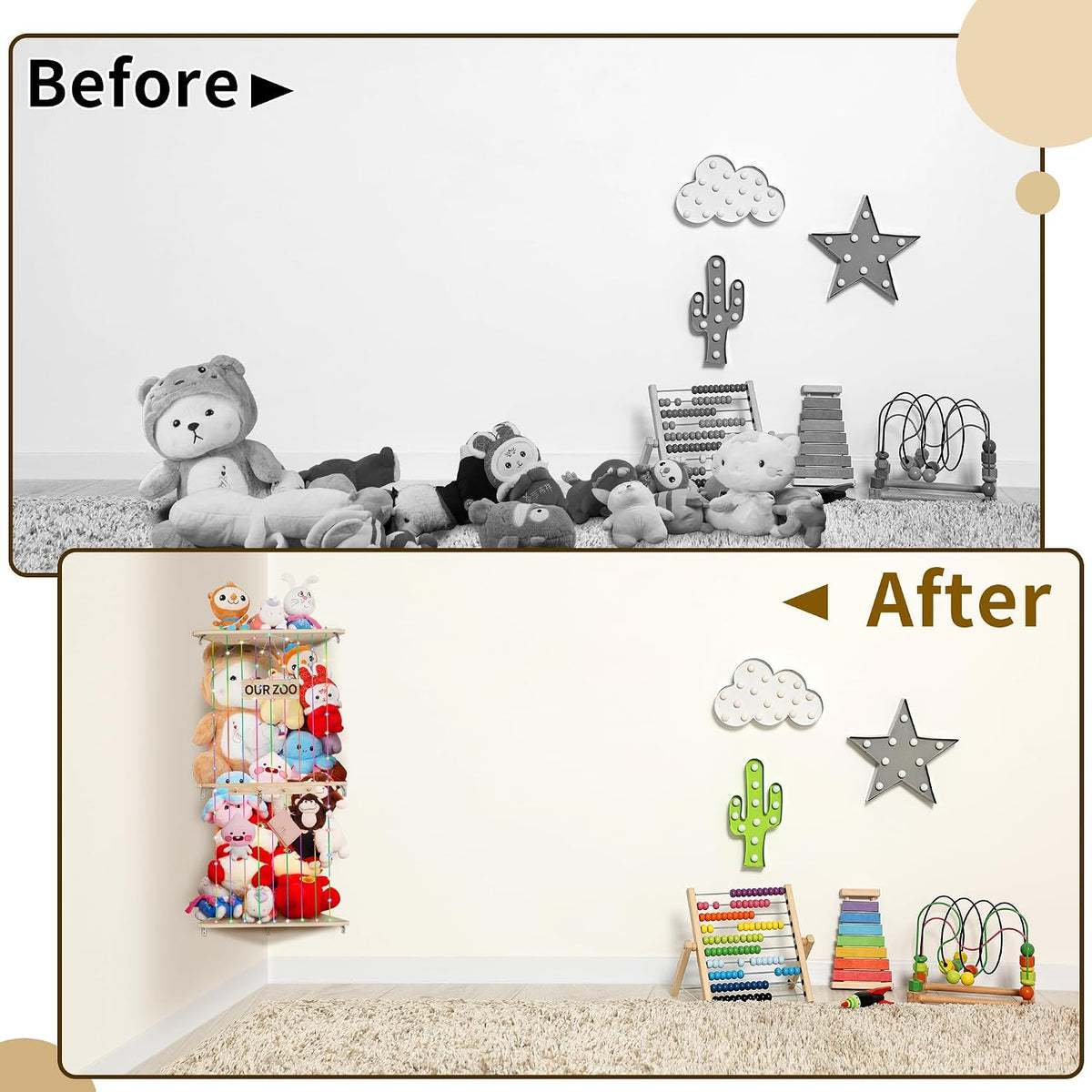 Corner Stuffed Animal Storage Toy Storage Organizer Stuffed Zoo Storage Wood Stuffed Toy Holder DIY Storage W/Star Pattern Hook Colorful Light Adjustable Double Layer Toys Storage for Nursery Bedroom