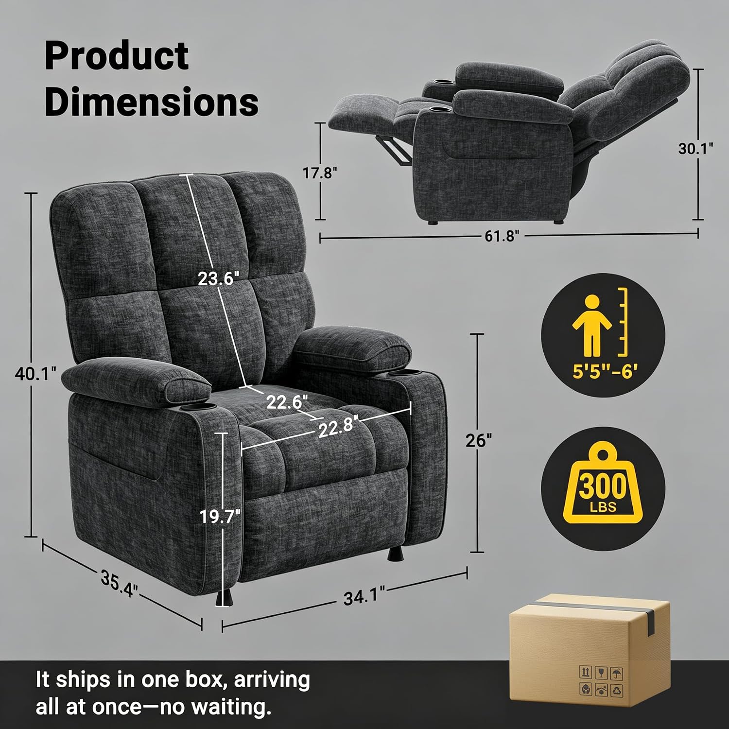 Pipishell Power Recliner Chair for Adults, One-Touch Synchronized Reclining, Oeko-TEX Chenille Fabric Electric Recliner with Remote USB Ports, Cup Holder & Side Pockets, for Living Room & Bedroom