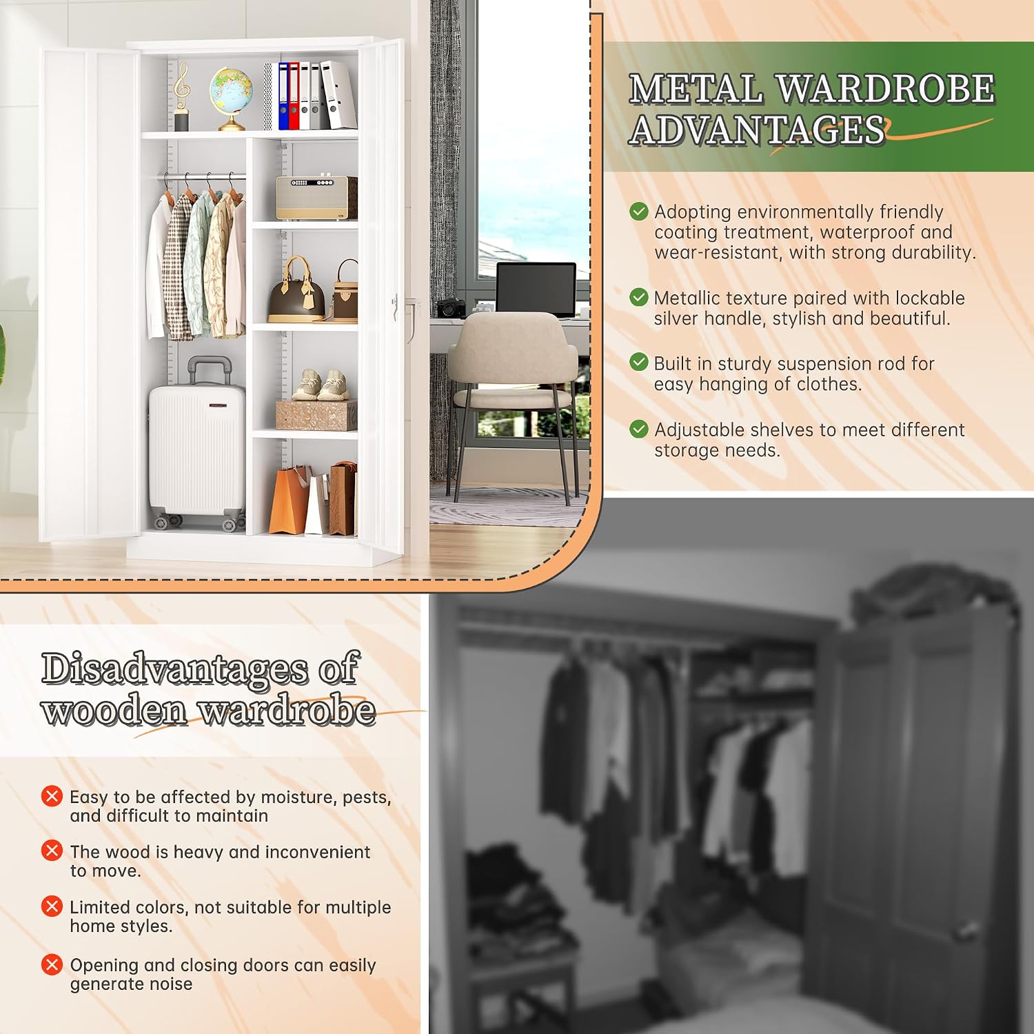 Greenvelly Metal Wardrobe Cabinet with Locking Doors, 72"H White Metal Wardrobe Closet with Hanging Rods and Adjustable Shelves, Clothing Storage Closet for Home, Office, Employee, Gym (16" D x 32" W)