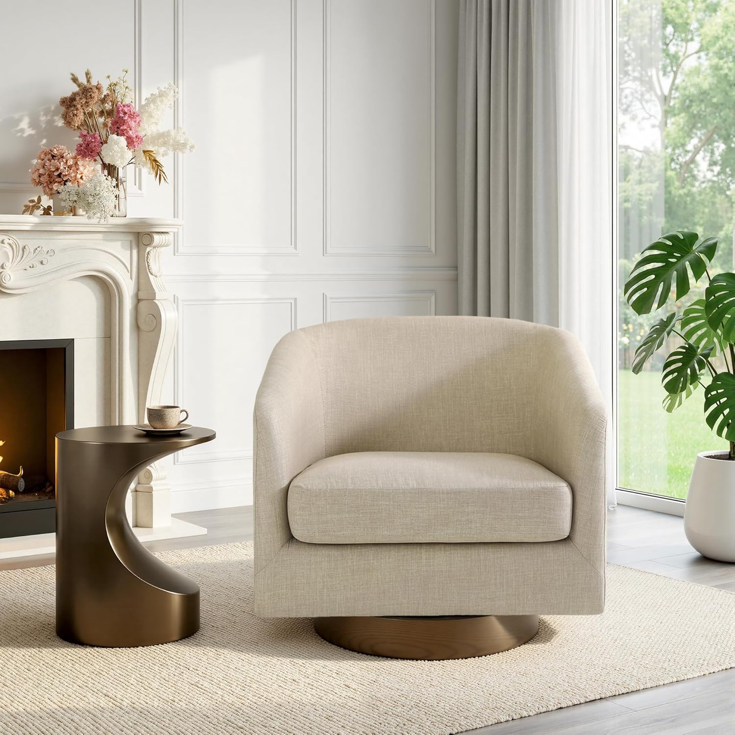 Swivel Barrel Accent Chairs Set of 2, Fabric Upholstered Armchair for Living Room, Comfy Bedroom Reading Seat, Light Brown