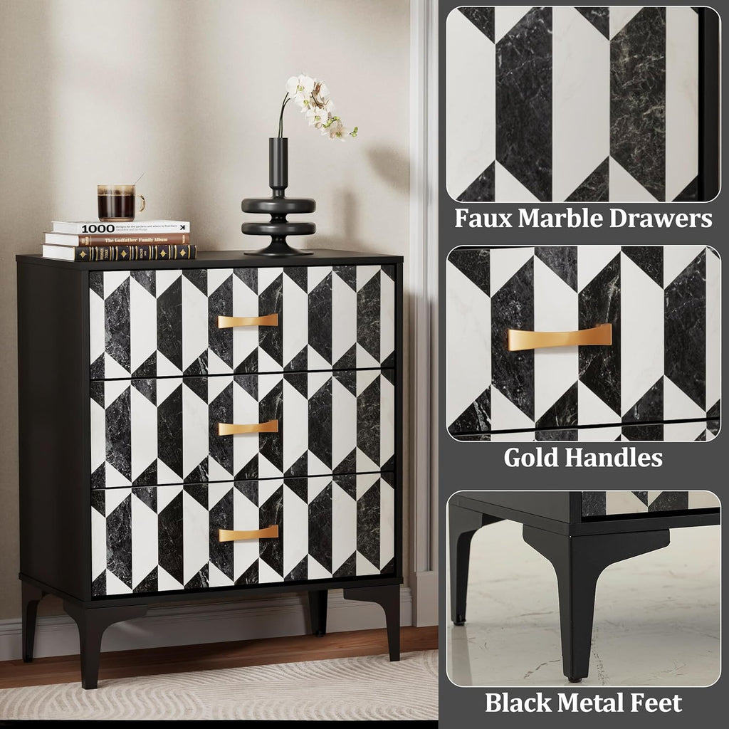 Anbuy Black Marble Nightstand, Modern Night Stand with 3 Drawers for Bedroom, Large Side End Table Bedside Night Tables with Gold Handles & Matel Legs
