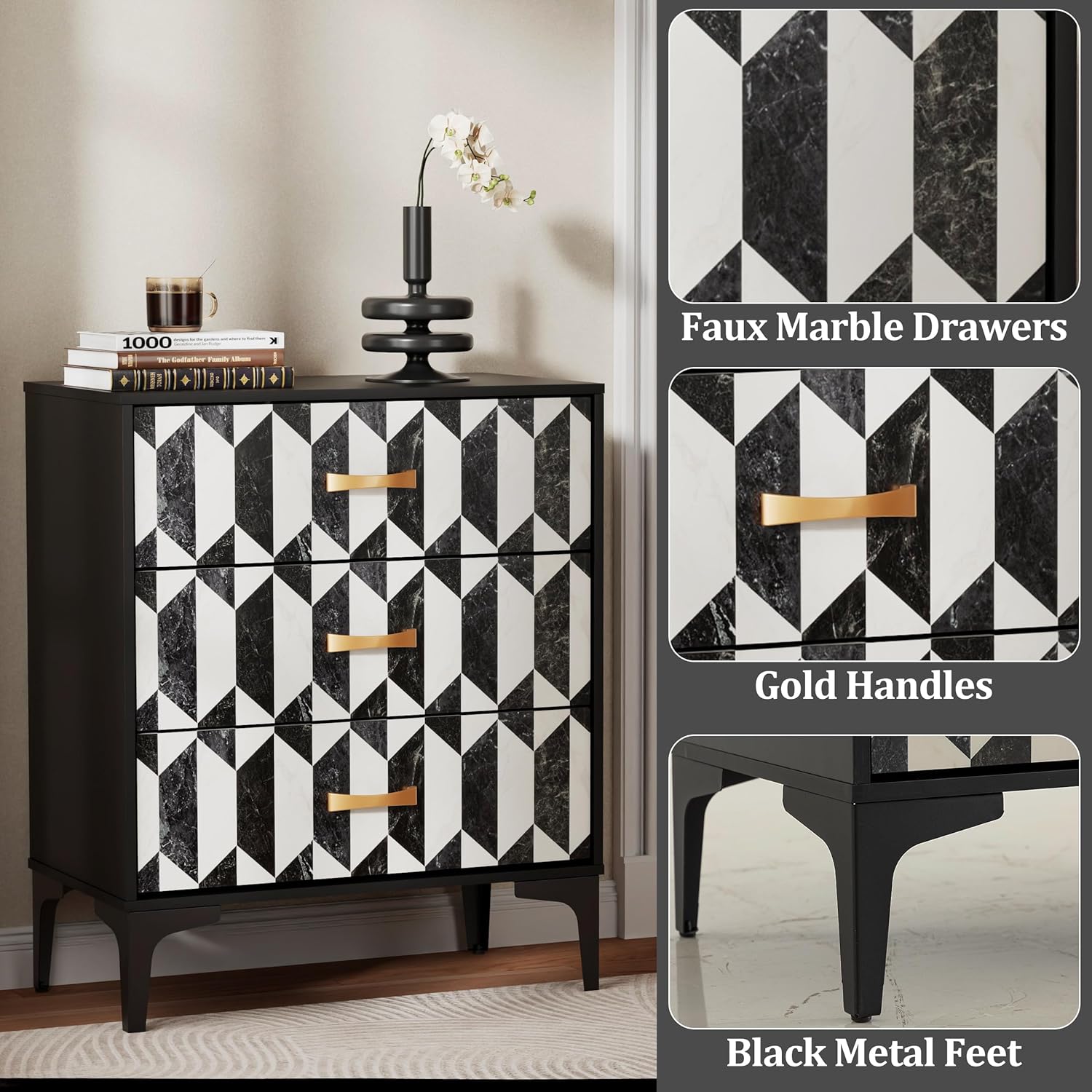 Anbuy Black Marble Nightstand, Modern Night Stand with 3 Drawers for Bedroom, Large Side End Table Bedside Night Tables with Gold Handles & Matel Legs