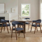 VKNOW Wooden Dining Chairs Set of 4, Modern Fabric Upholstered Kitchen Armchairs with Curved Open Back and Solid Wood Legs, Farmhouse Dining Room Chairs for Kitchen, Navy