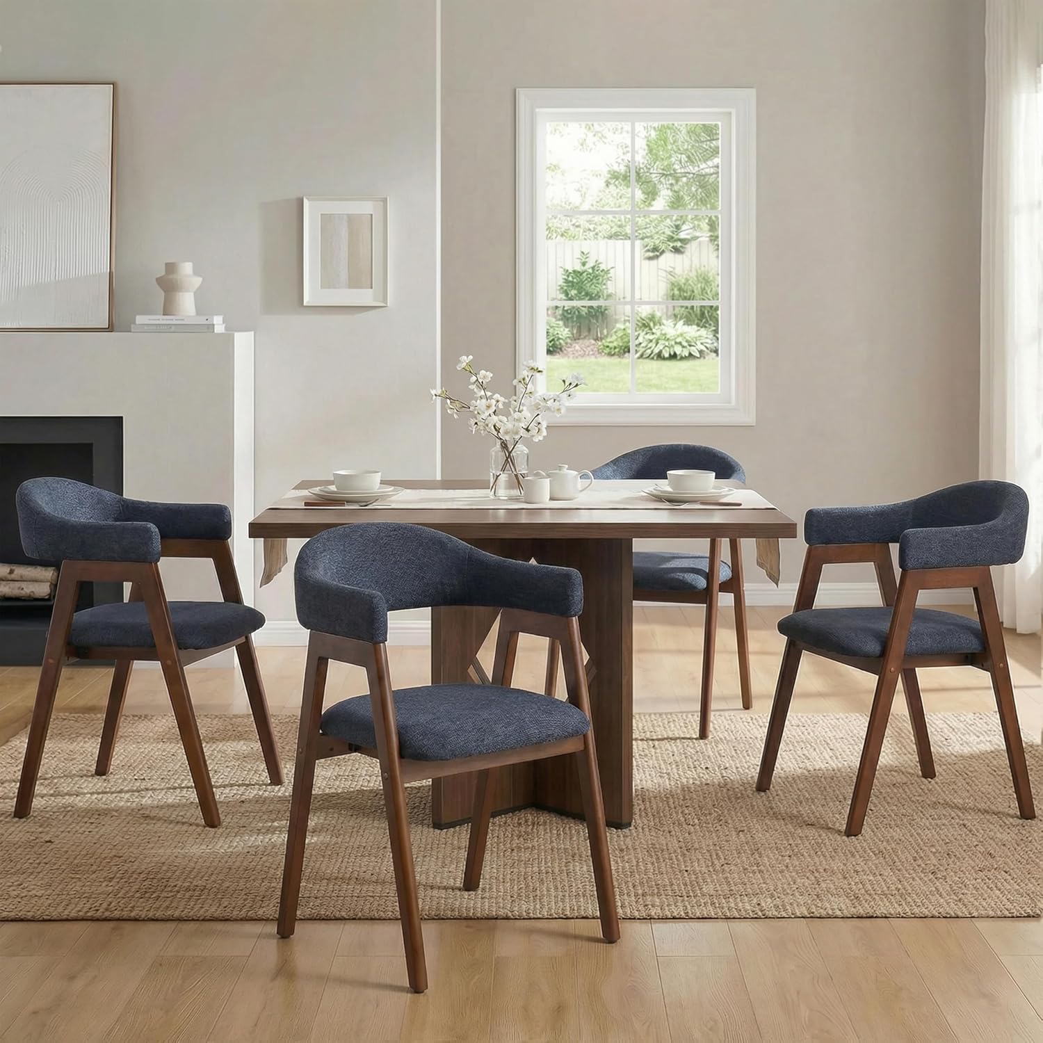 VKNOW Wooden Dining Chairs Set of 4, Modern Fabric Upholstered Kitchen Armchairs with Curved Open Back and Solid Wood Legs, Farmhouse Dining Room Chairs for Kitchen, Navy