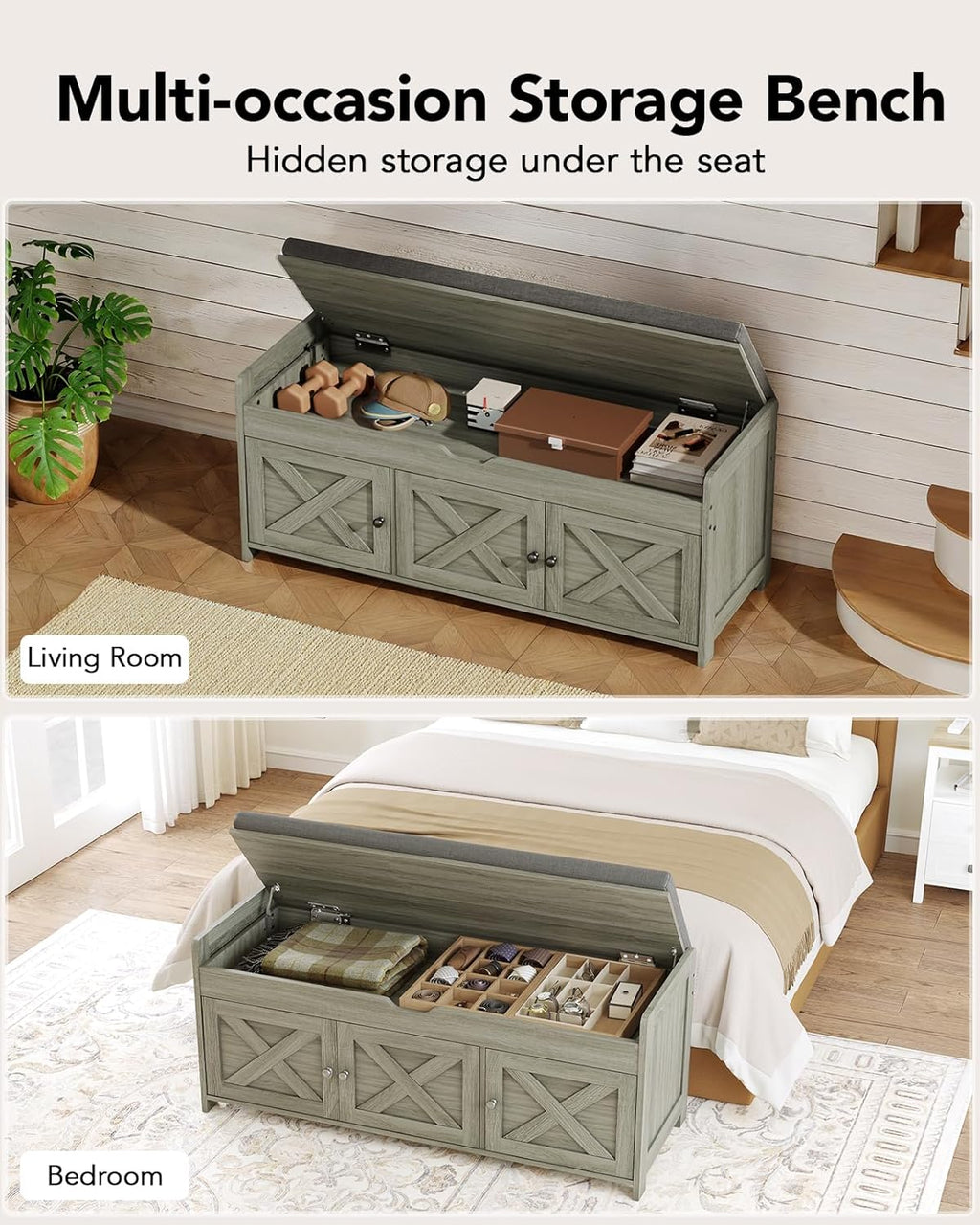 Pipishell Shoe Storage Bench, 2-Tier Shoe Bench with Cushioned Seat, Entryway Bench with Adjustable Shelf & Barn Doors, 300 lbs Capacity, 39.4" x 15" x 18", for Entryway, Bedroom, Living Room, Gray