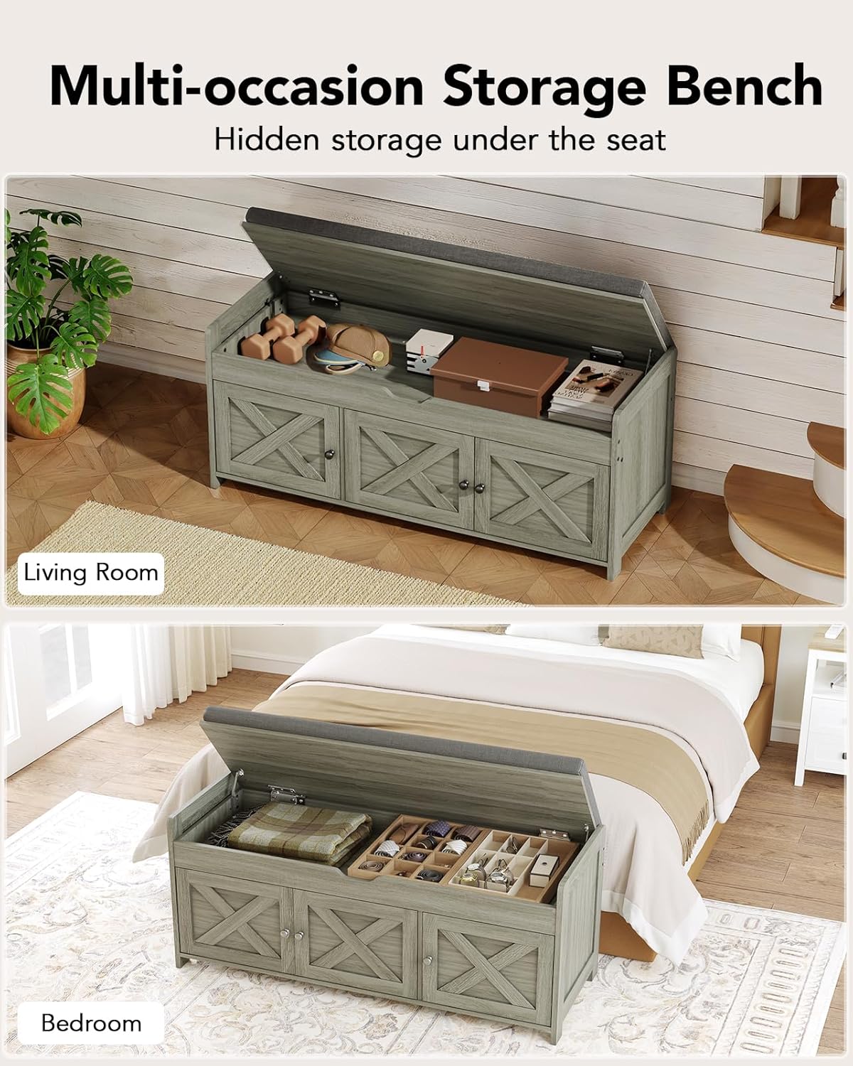 Pipishell Shoe Storage Bench, 2-Tier Shoe Bench with Cushioned Seat, Entryway Bench with Adjustable Shelf & Barn Doors, 300 lbs Capacity, 39.4" x 15" x 18", for Entryway, Bedroom, Living Room, Gray